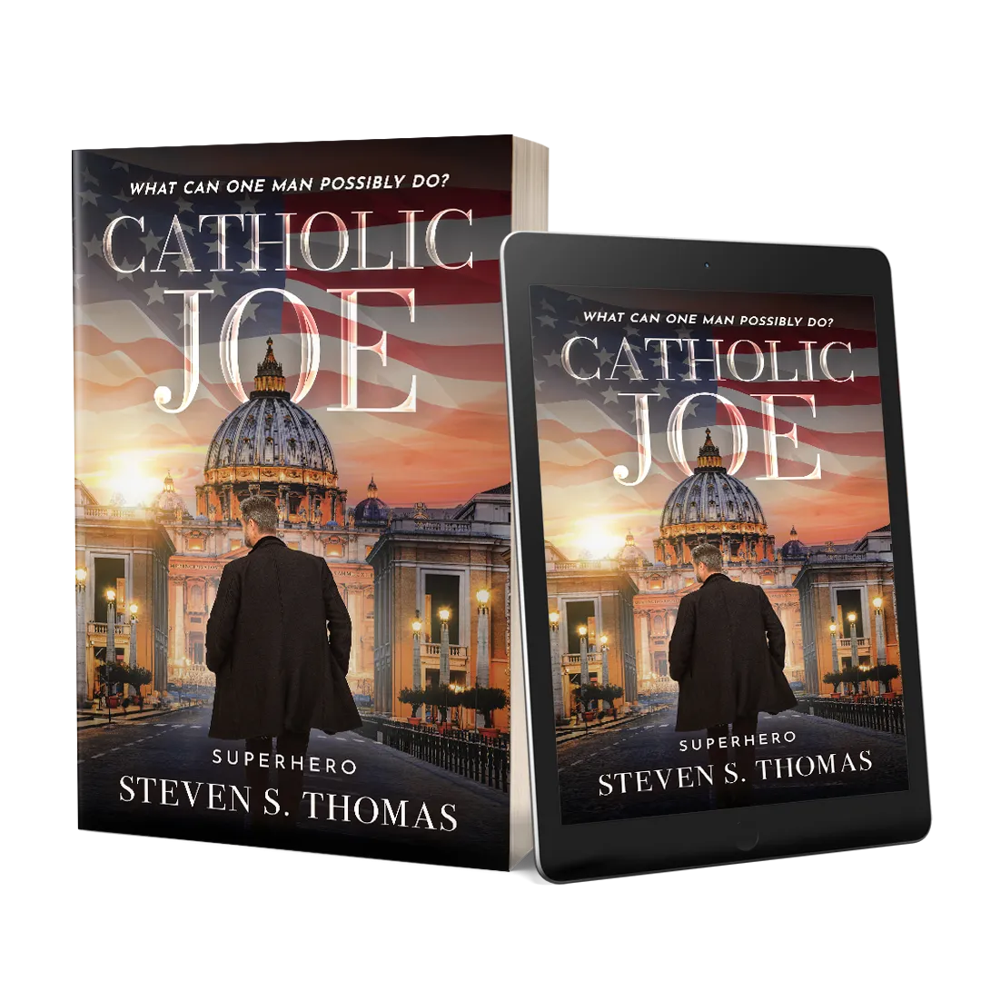Catholic Joe: Superhero by Steven S. Thomas, shown as a book and on a tablet